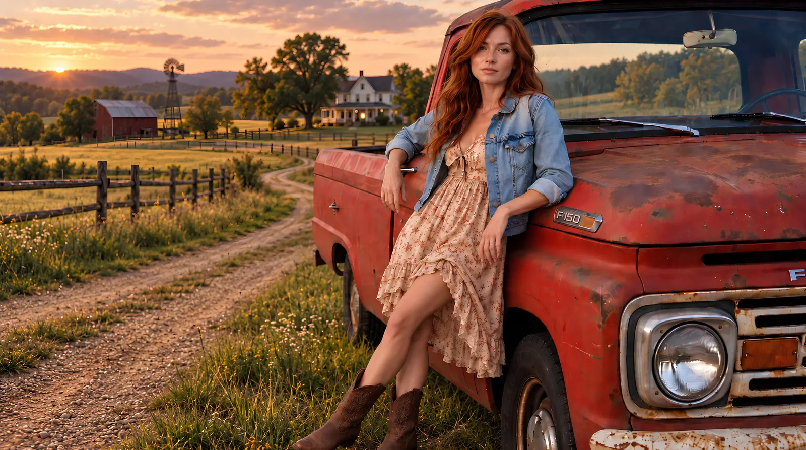 Calla Hayes beside a red pickup at sunset, from the artist website