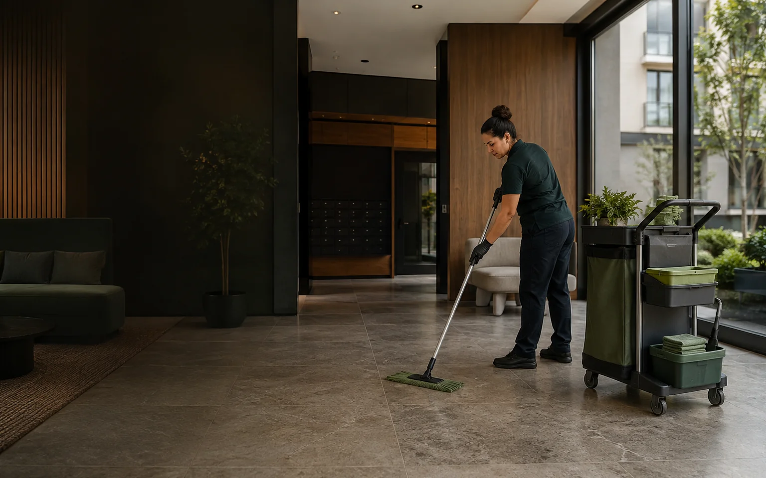 Janitorial professional cleaning a building lobby, featured on the Nature Fresh Cleaning website